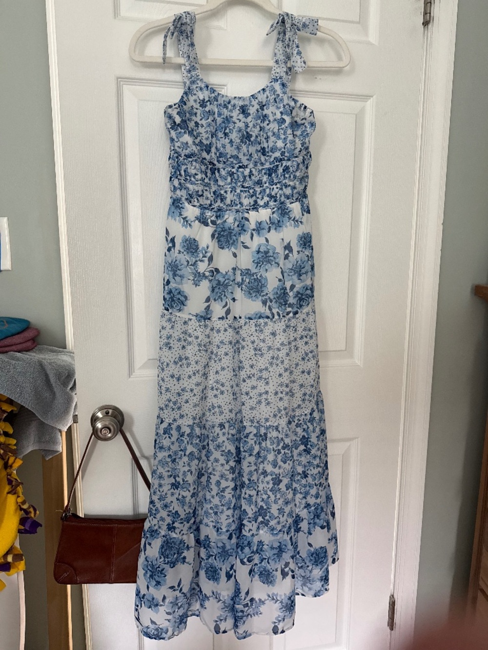 Floor length blue floral dress